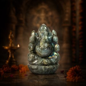 Natural Labradorite Ganesh Idol – Crystal Ganpati Statue for Home Temple & Desk Decor
