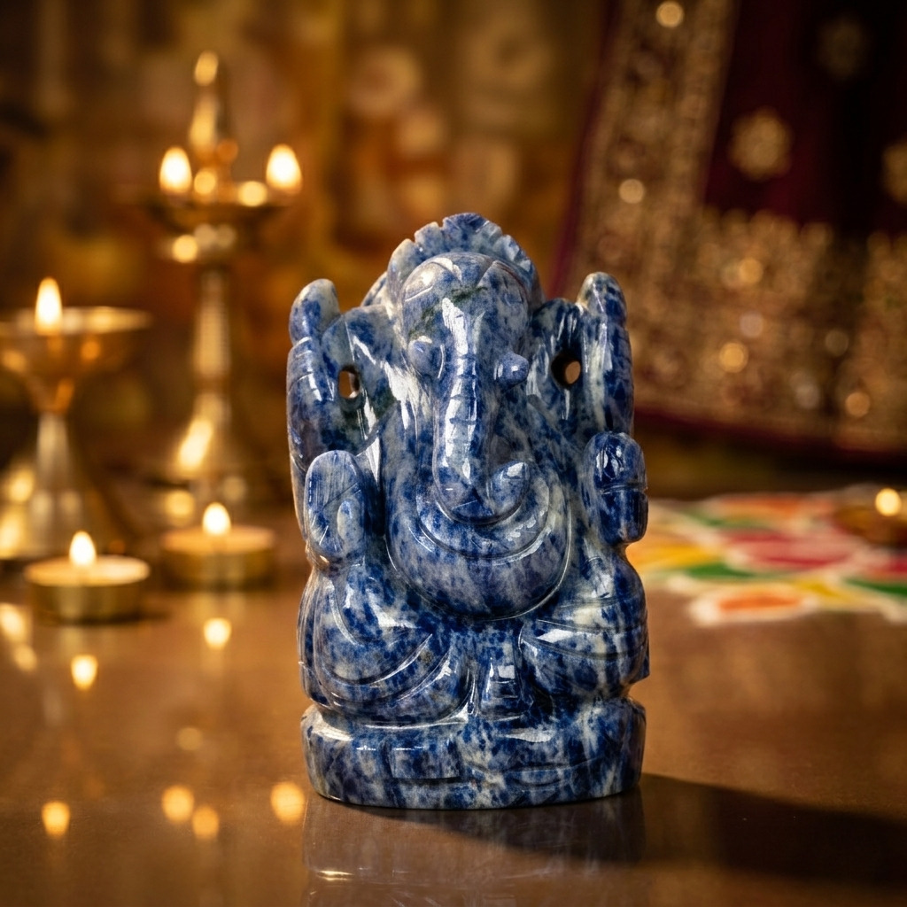 Deep Blue Lapis Lazuli Ganesh Idol – Natural Crystal Ganpati Statue for Home Temple