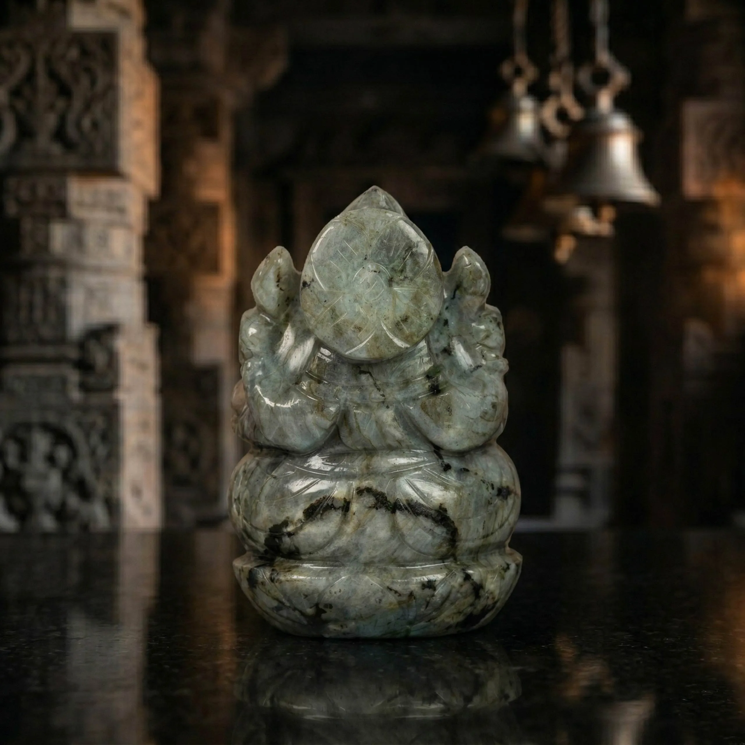 Natural Labradorite Ganesh Idol – Crystal Ganpati Statue for Home Temple & Desk Decor - Image 3