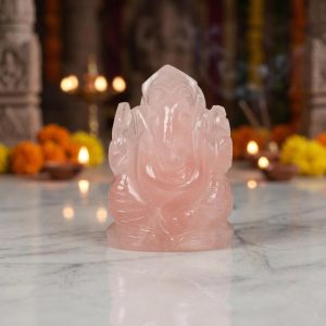 Natural Rose Quartz Ganesh Idol – Raw Crystal Ganpati Statue for Home Temple Decor