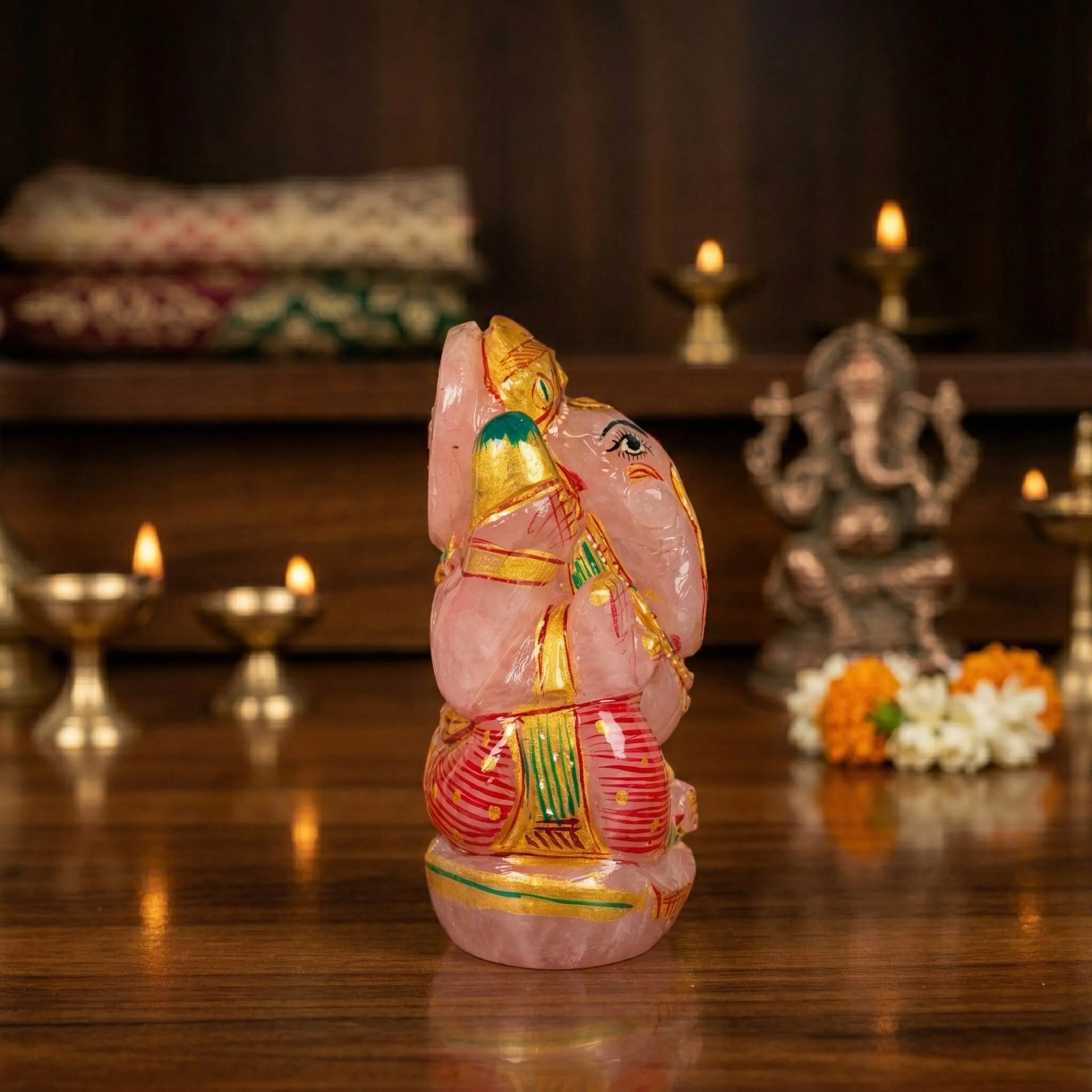 Natural Rose Quartz Ganesh Idol – Crystal Ganpati Statue for Home Temple Decor - Image 3