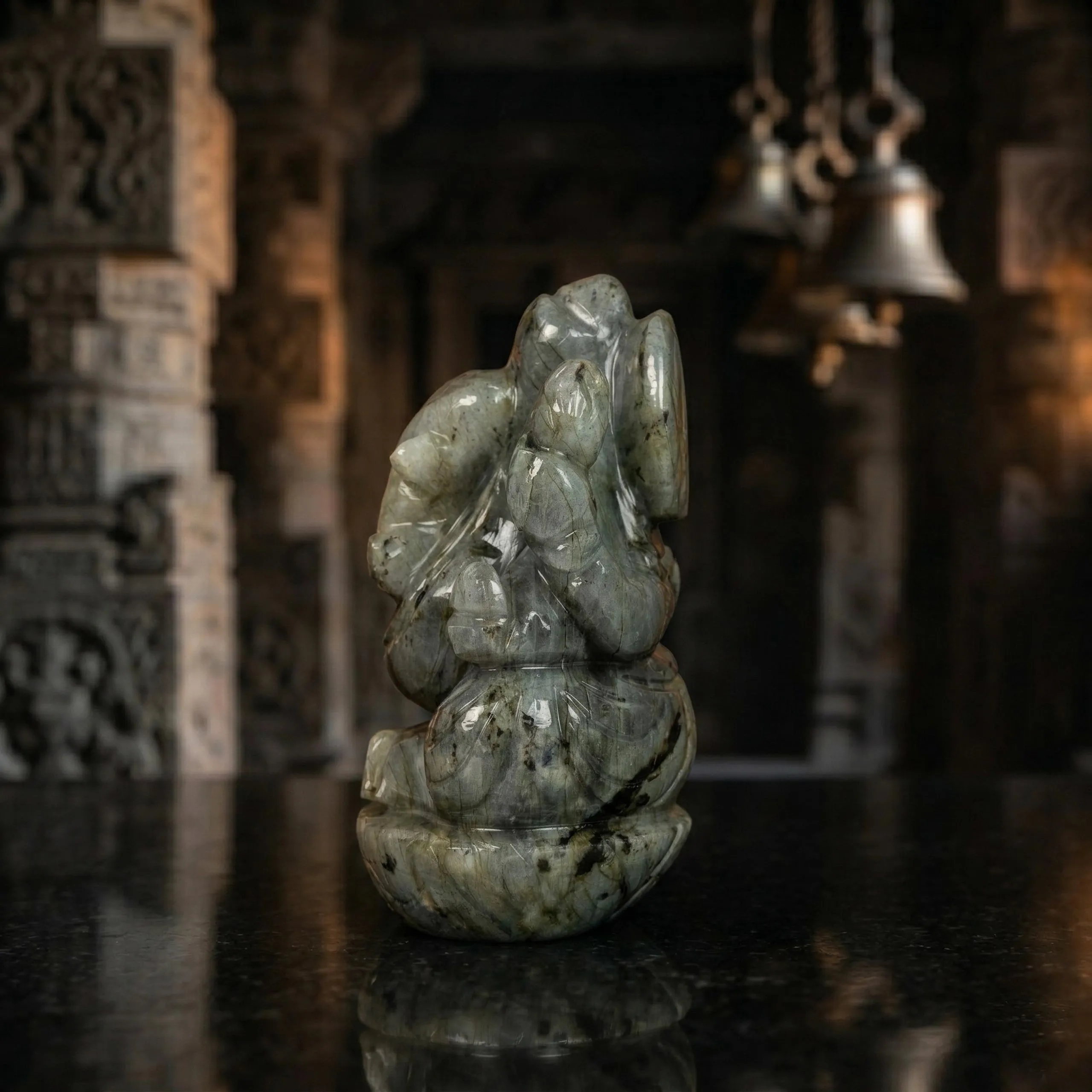 Natural Labradorite Ganesh Idol – Crystal Ganpati Statue for Home Temple & Desk Decor - Image 2