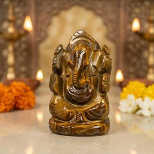 Natural Tiger Eye Ganesh Idol – Golden Brown Crystal Ganpati Statue for Home Temple Decor