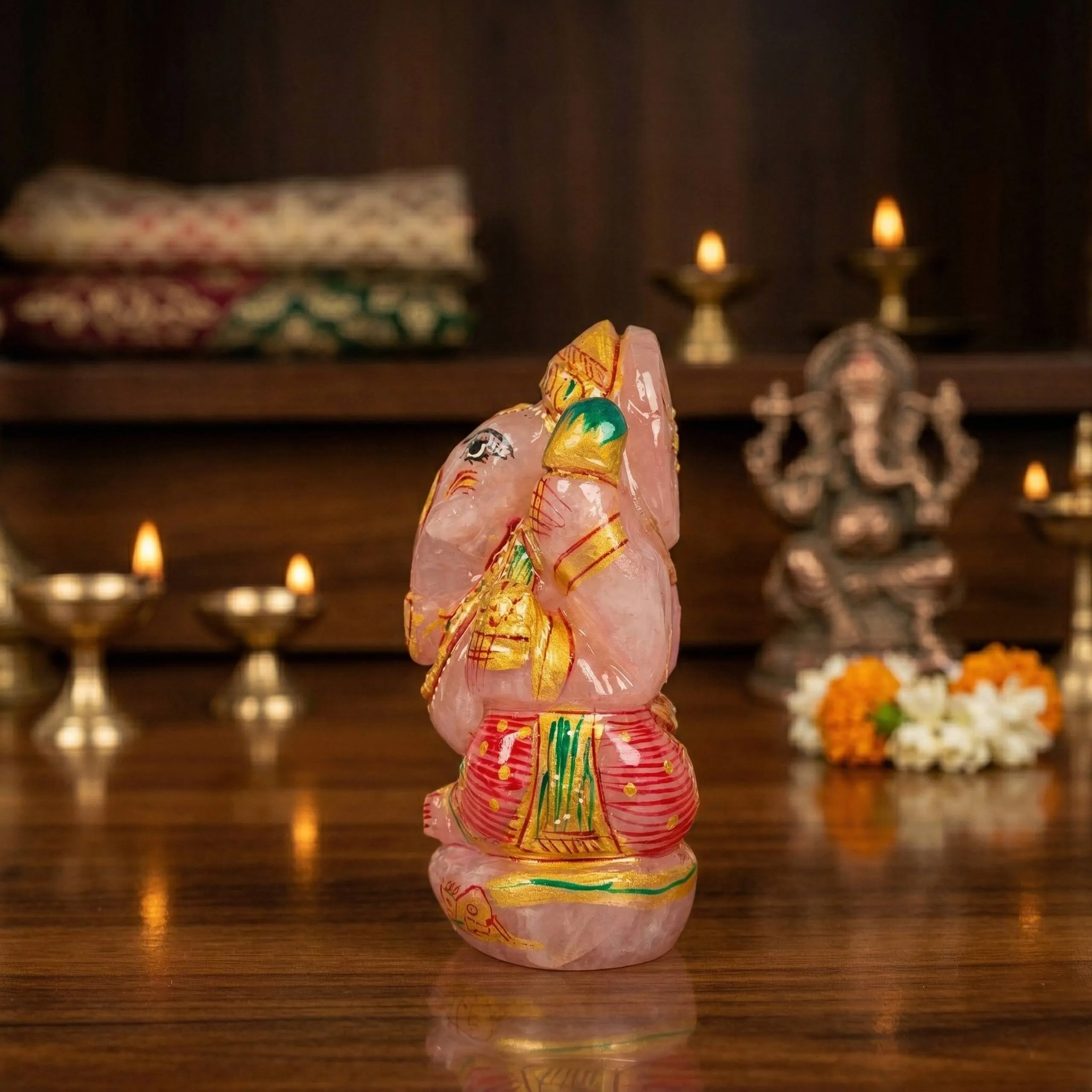 Natural Rose Quartz Ganesh Idol – Crystal Ganpati Statue for Home Temple Decor - Image 2