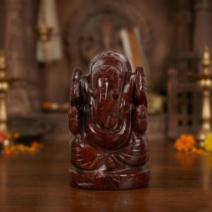 Natural Bloodstone Ganesh Idol – Raw Crystal Ganpati Statue for Home Temple Decor