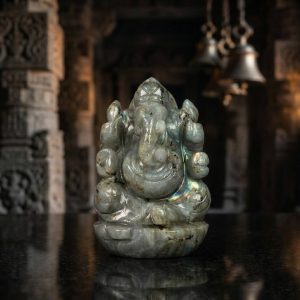 Natural Labradorite Ganesh Idol – Crystal Ganpati Statue for Home Temple & Desk Decor