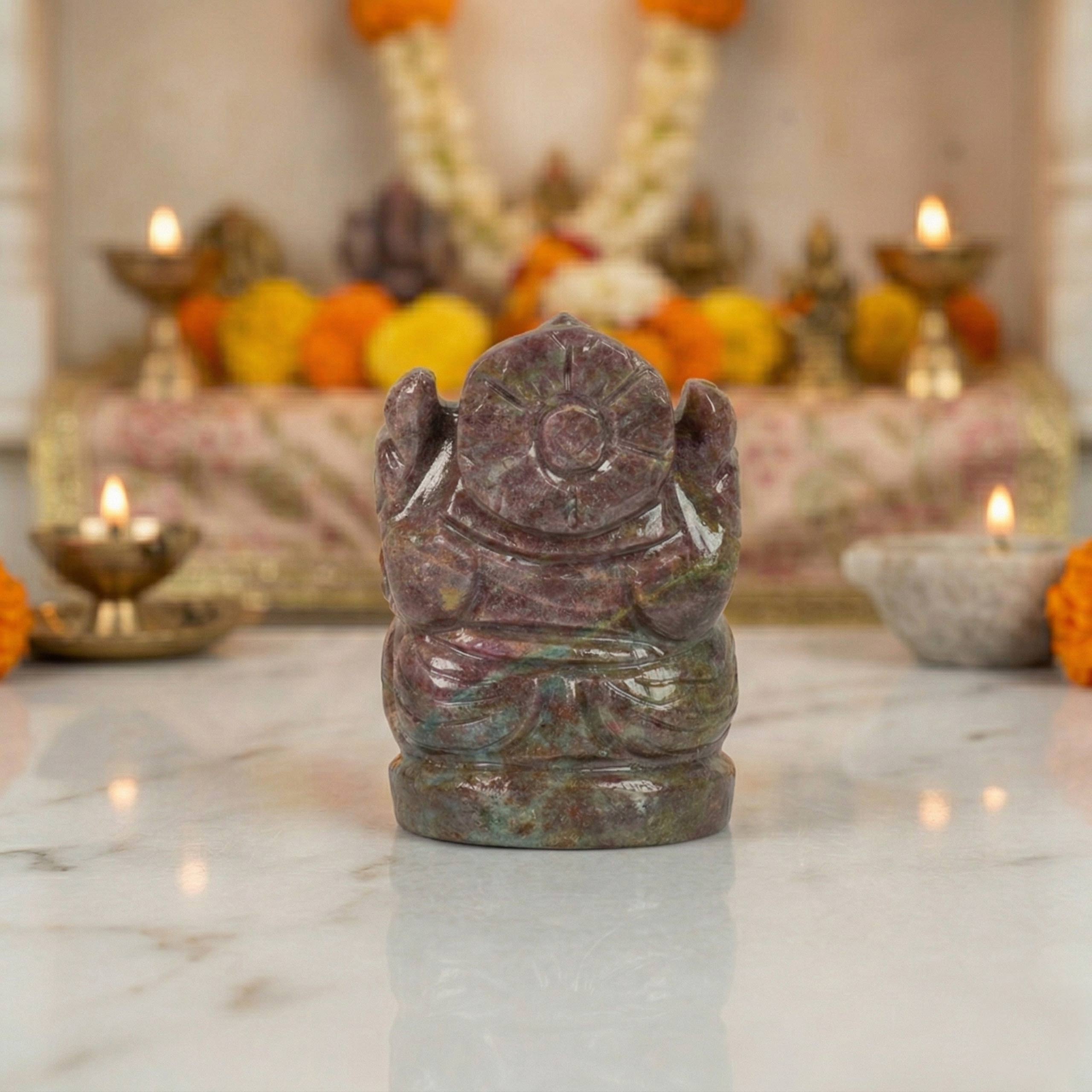 Natural Ruby (Corundum) Ganesh Idol – Hand Carved Crystal Ganpati Statue - Image 4