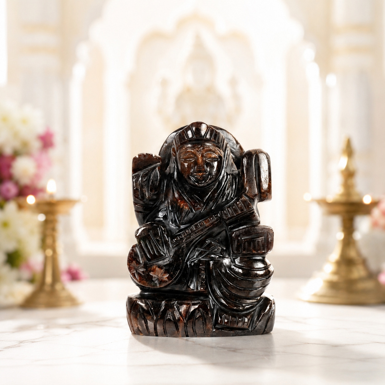 Natural Hessonite Goddess Saraswati Idol – Hand Carved Crystal Statue for Study Desk, Bookshelf & Décor
