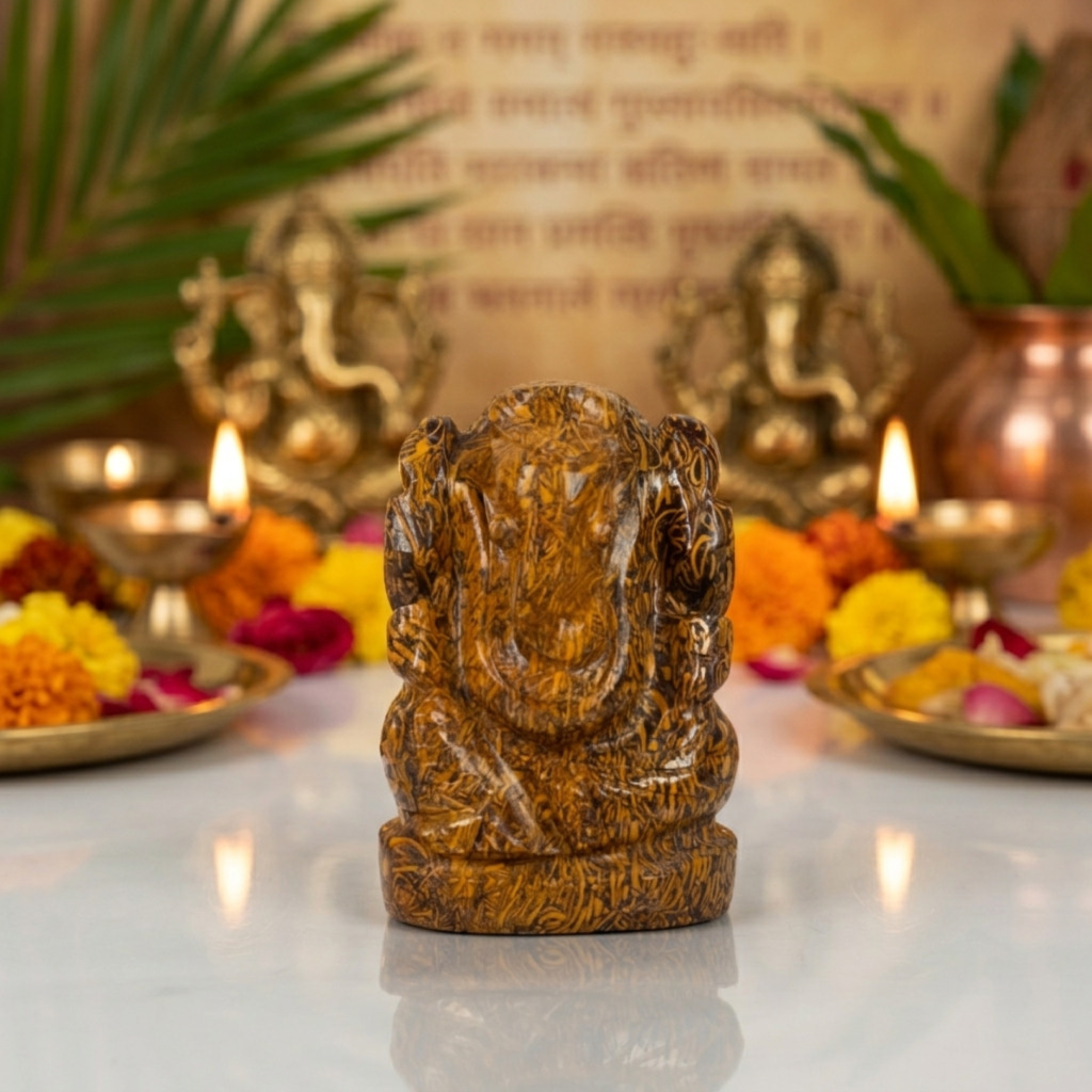 Natural Marium Jasper Ganesh Idol – Crystal Ganpati Statue for Home Decor
