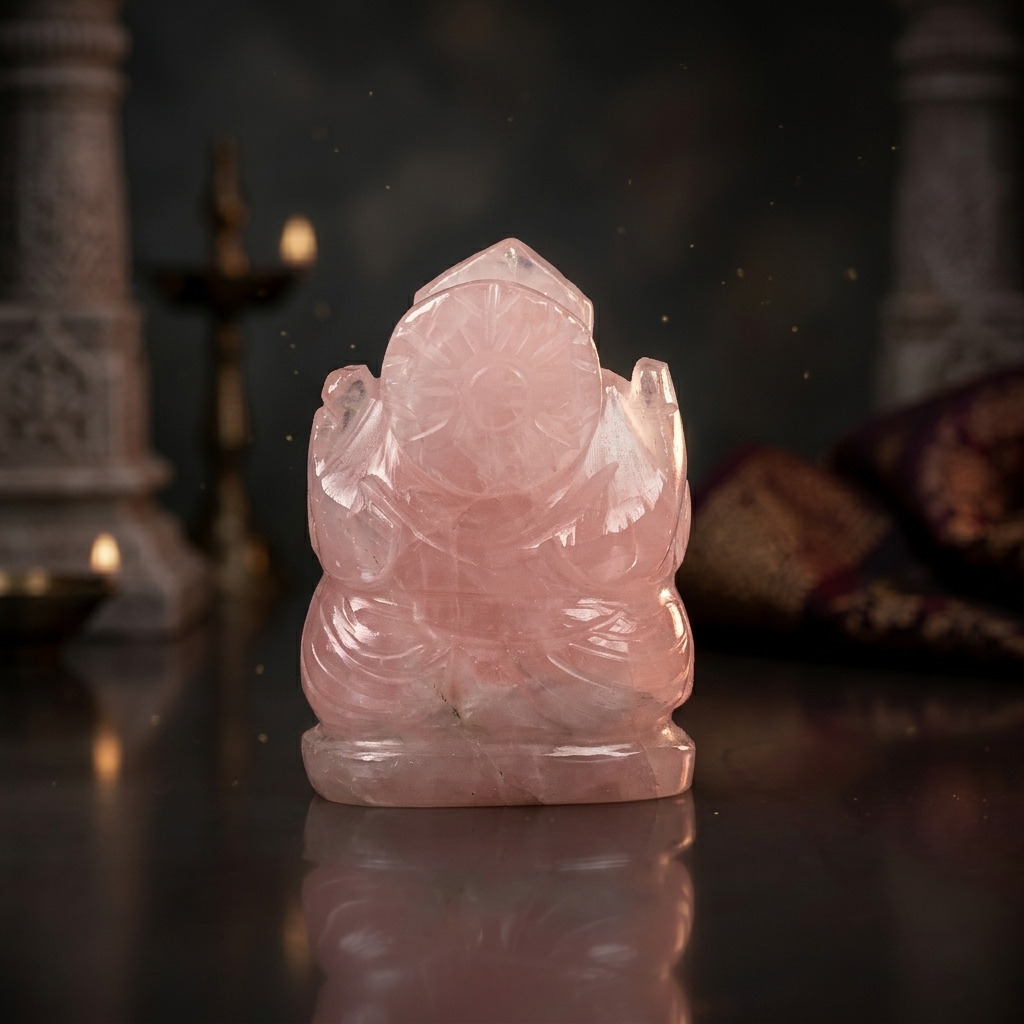 Natural Rose Quartz Ganesh Idol – Raw Crystal Ganpati Statue for Home Temple Decor - Image 2