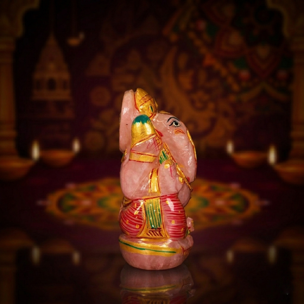 Natural Rose Quartz Ganesh Idol – Crystal Ganpati Statue for Home Temple Decor - Image 4