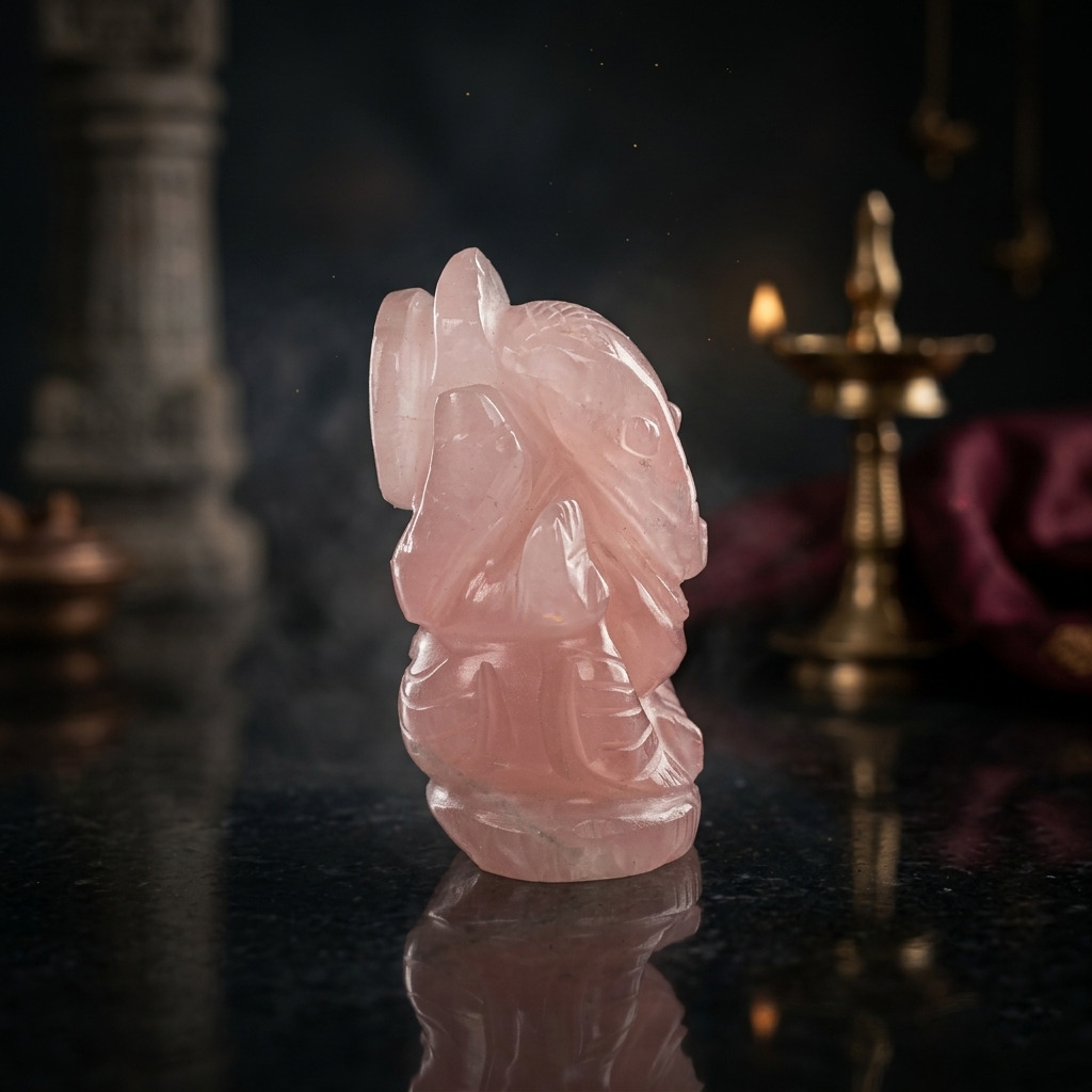 Natural Rose Quartz Ganesh Idol – Raw Crystal Ganpati Statue for Home Temple Decor - Image 4
