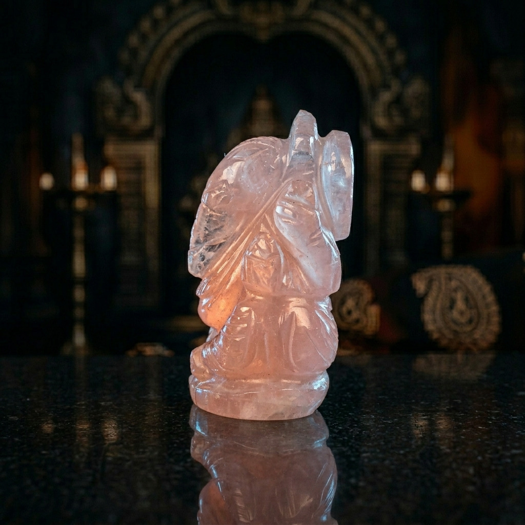 Natural Rose Quartz Ganesh Idol – Raw Crystal Ganpati Statue for Home Temple Decor - Image 3