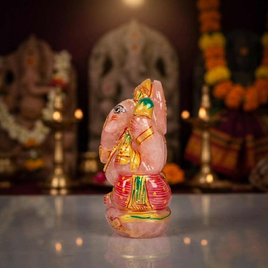 Natural Rose Quartz Ganesh Idol – Crystal Ganpati Statue for Home Temple Decor - Image 2