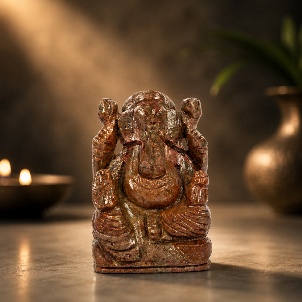 Natural Ruby Ganesh Idol – Hand Carved Crystal Ganpati Idol for Home Temple & Desk Decor
