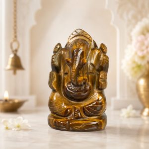 Natural Tiger Eye Ganesha Figurine – Handcrafted Golden Brown Crystal Decor Sculpture
